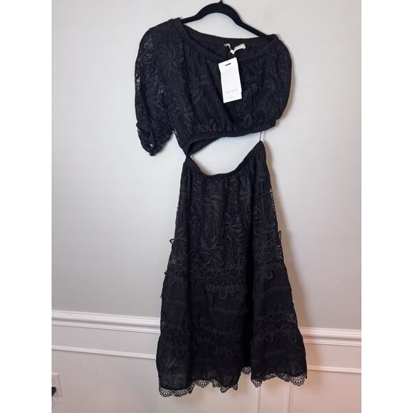 Waimari Jade Midi Dress S Black One Puff Shoulder Sheer Cutout Eyelet Lace NWT - Picture 4 of 16
